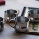 Stainless steel mugs x4, golden handle, vintage Italian craftsmanship.
