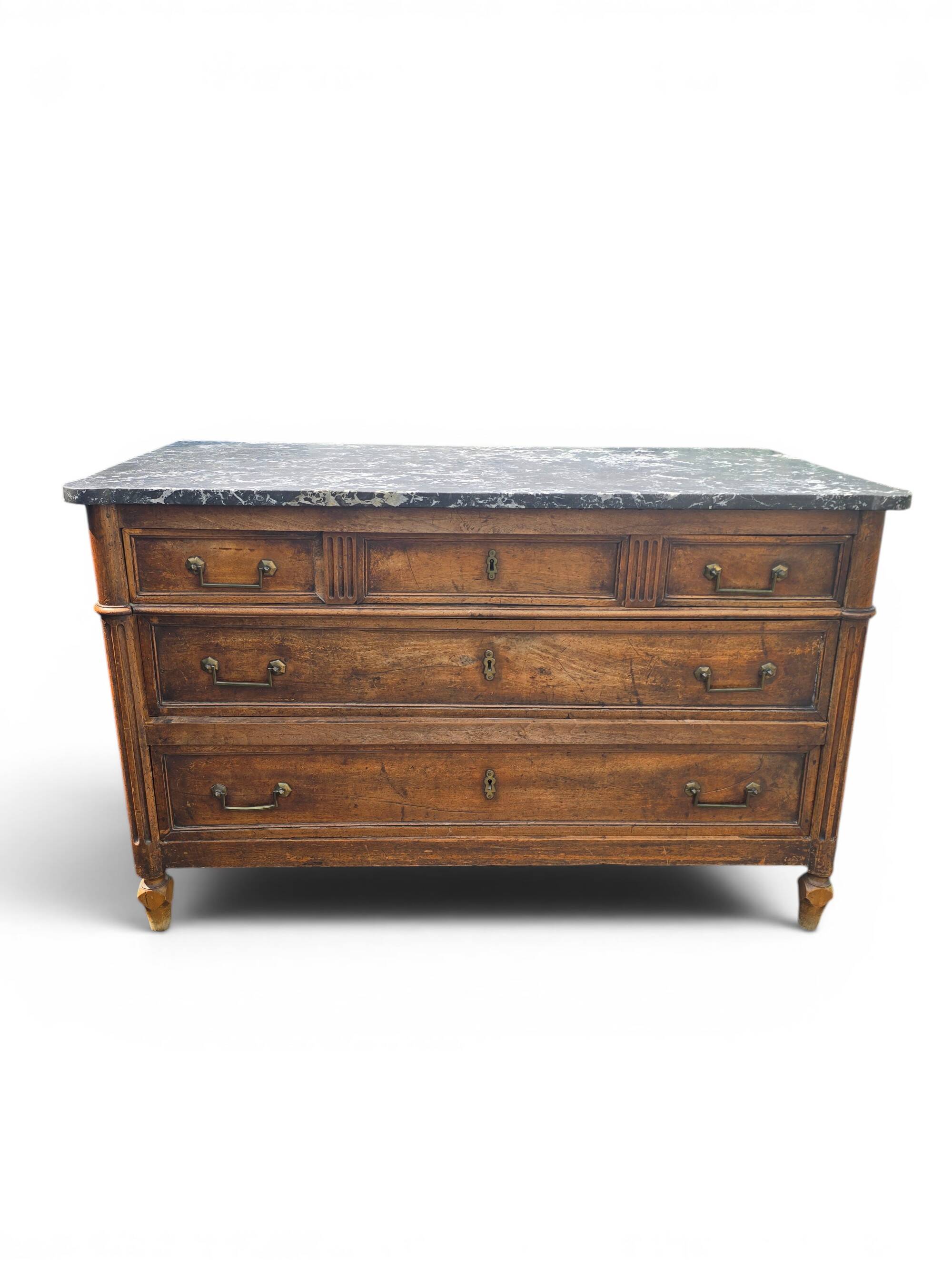 Commode ancienne de style Louis XVI avec plateau en marbre gris