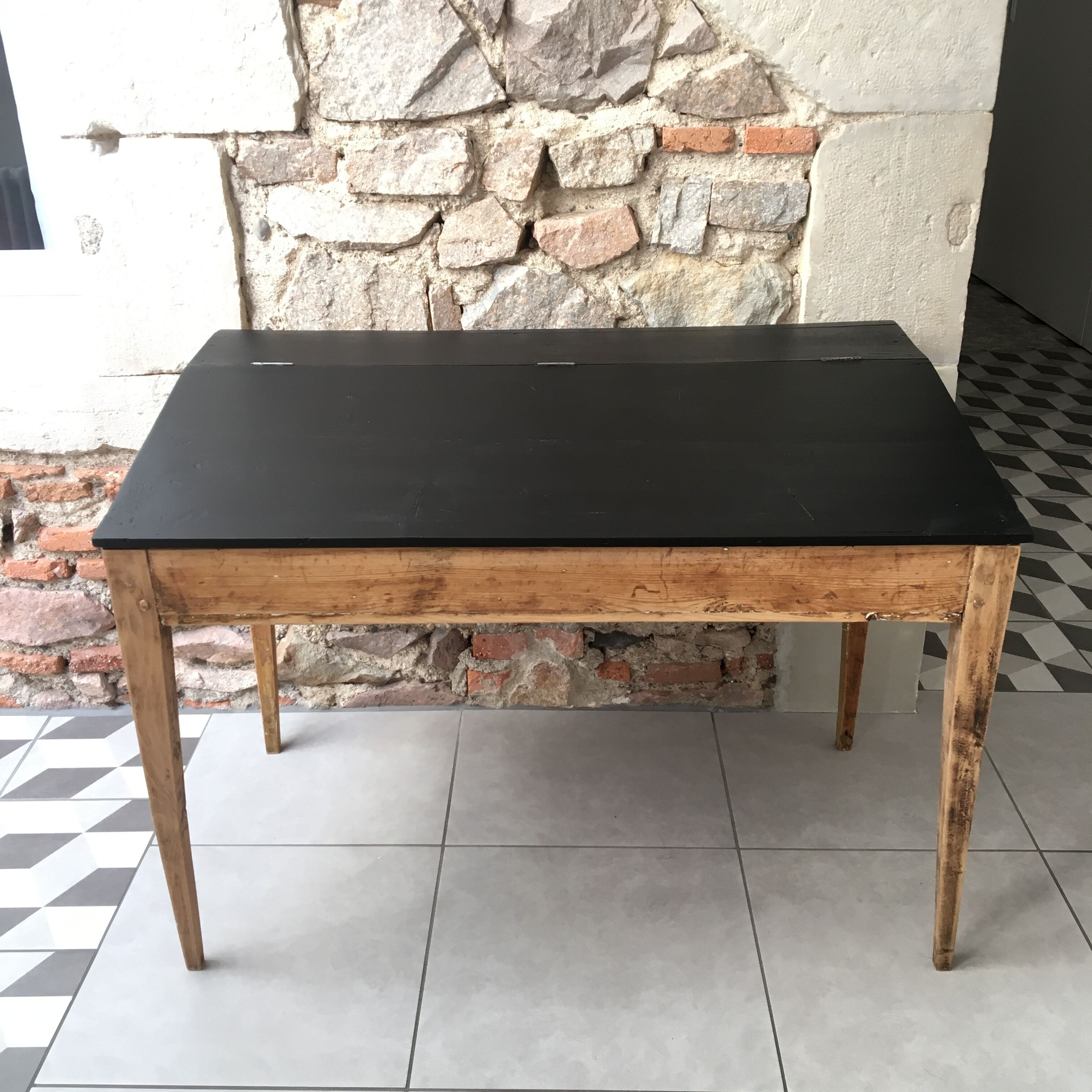 adult-sized desk with black flap & raw natural