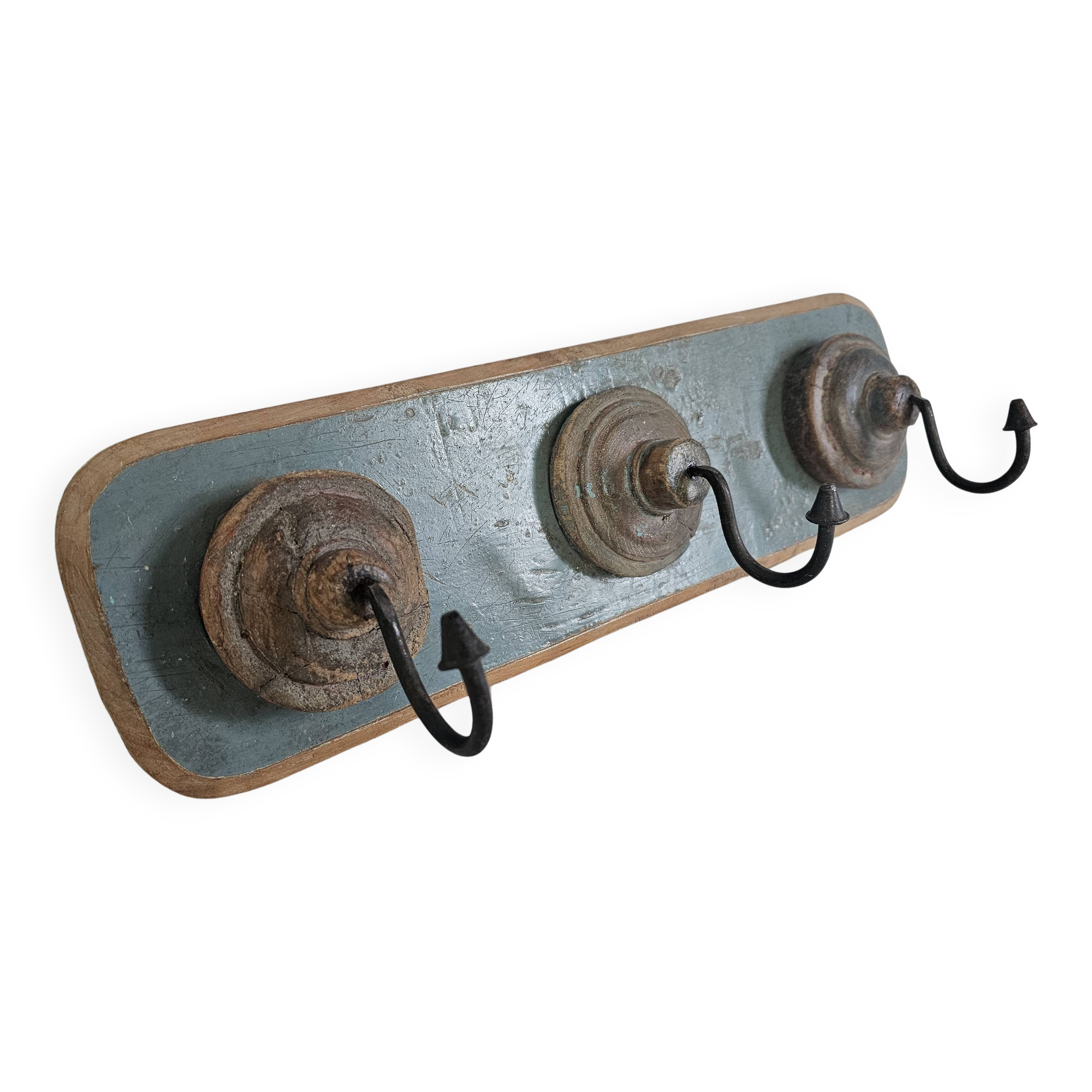 Antique teak coat rack with 3 wrought iron hooks