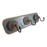 Antique teak coat rack with 3 wrought iron hooks