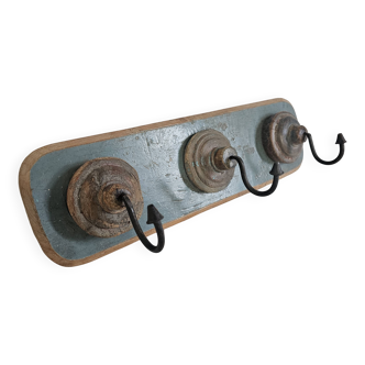 Antique teak coat rack with 3 wrought iron hooks