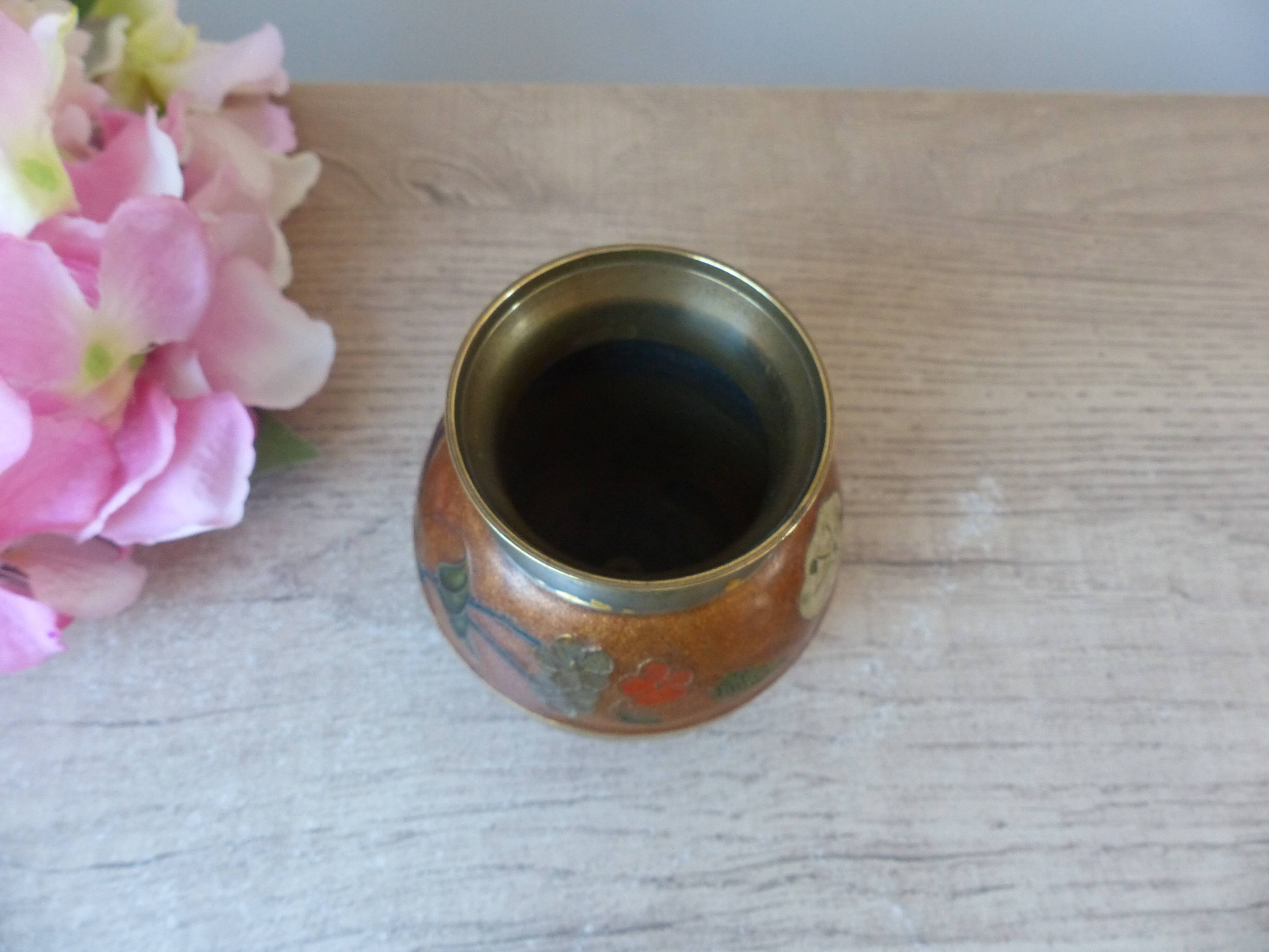 Old small brass and enamel vase with floral decoration, Small artisanal brass pot