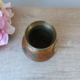 Old small brass and enamel vase with floral decoration, Small artisanal brass pot