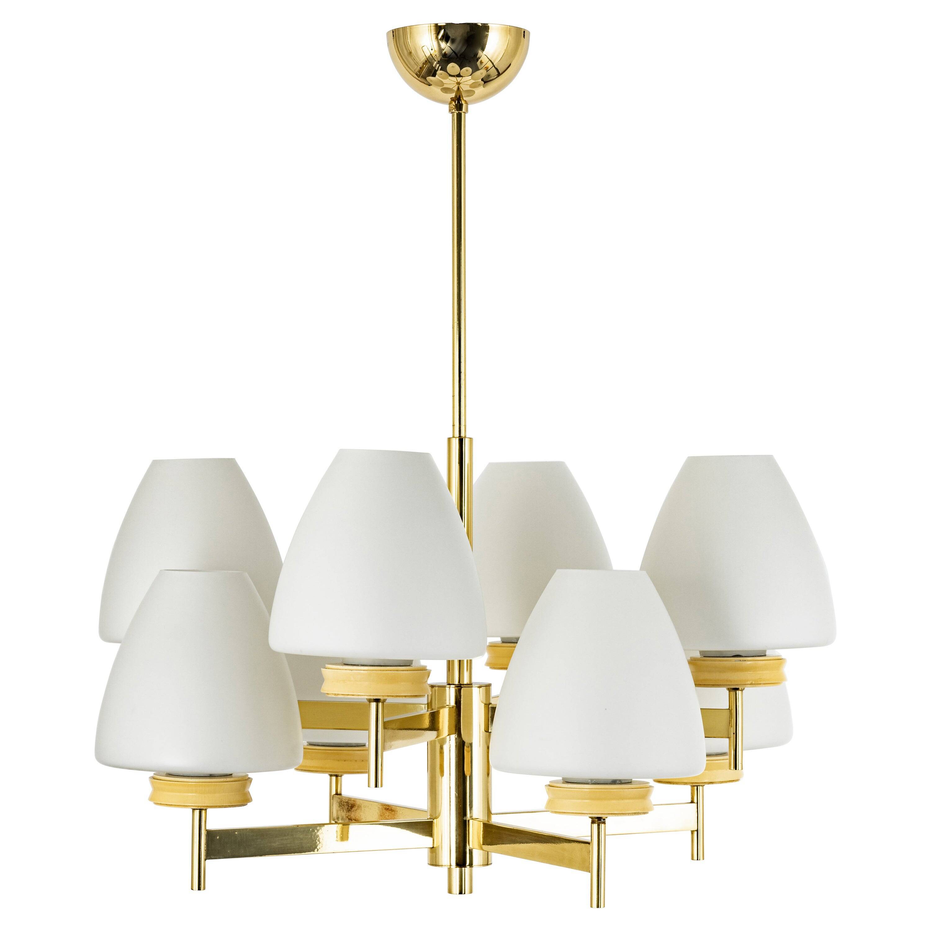 Sputnik chandelier with opaline glass by Kaiser, Germany, 1970s.