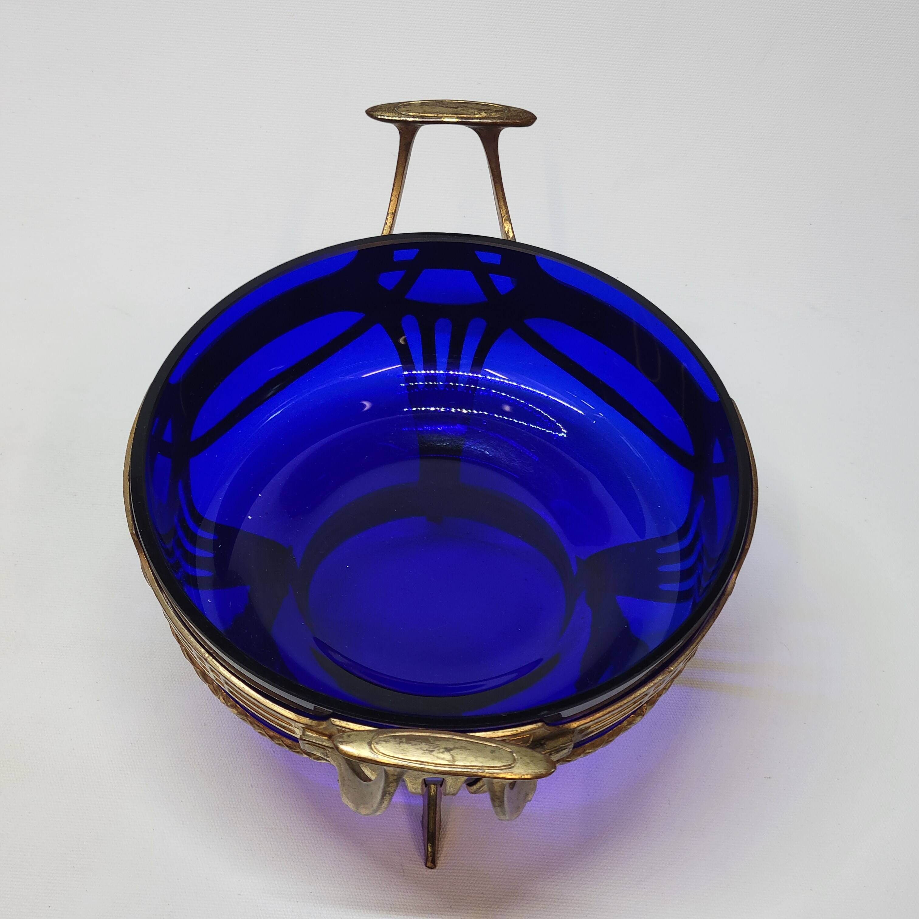 Antique gold metal and cobalt blue glass centerpiece planter