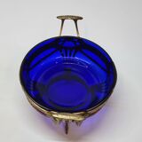 Ancienne jardinière centre de table en métal doré et verre bleu cobalt