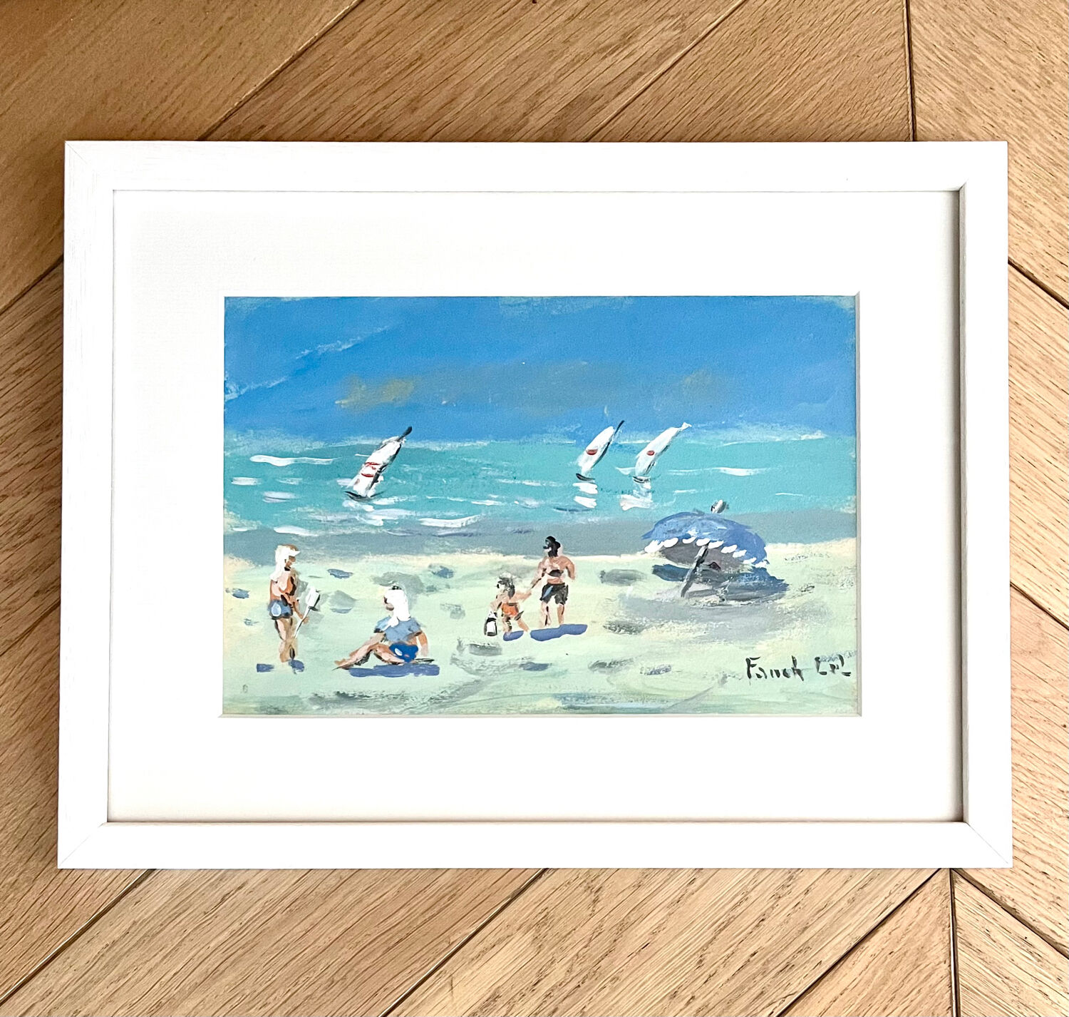 Plaisirs de la plage in Saint Lunaire, gouache on cardboard signed Fanch Lel