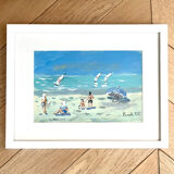 Plaisirs de la plage in Saint Lunaire, gouache on cardboard signed Fanch Lel