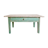 Wooden farmhouse coffee table green base