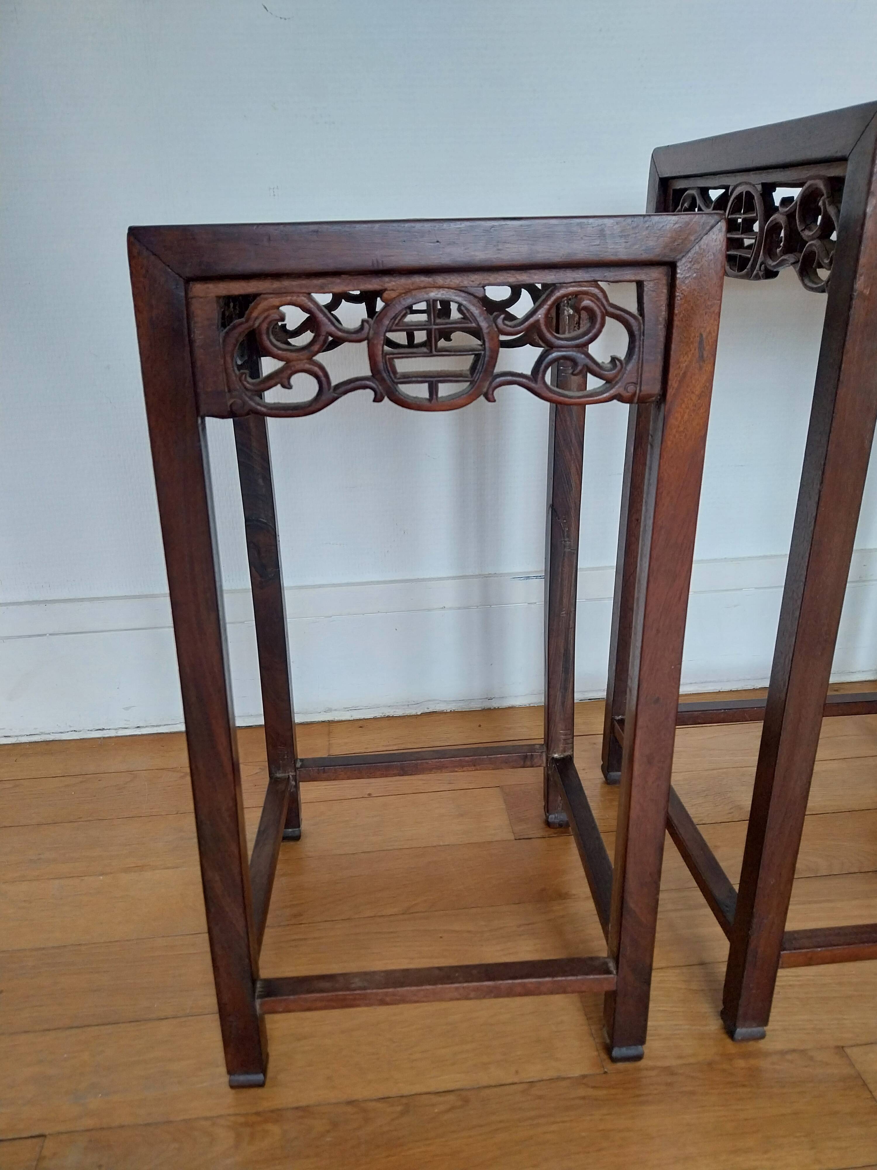 3 Chinese nesting tables in wood and brass.