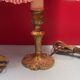 Pair of brass foot lamps, haloed but acceptable lampshades H 33 cm