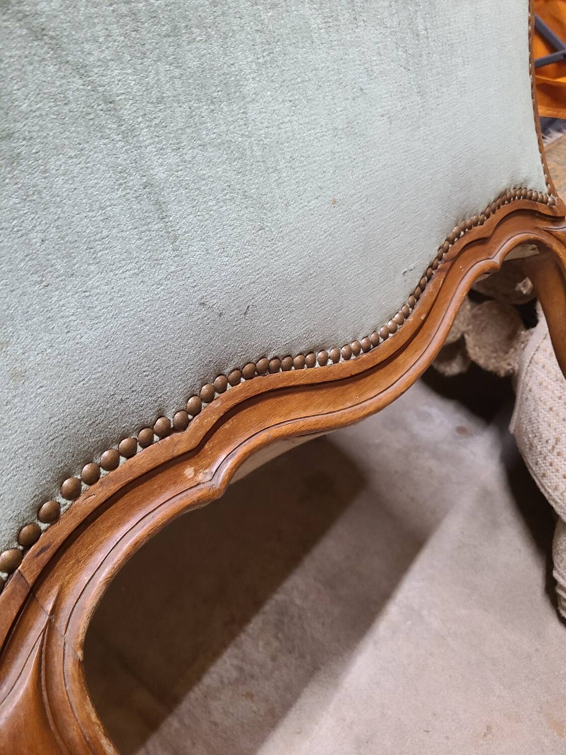 Vintage Louis XV style wing chair, light green velvet