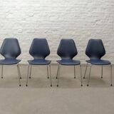 Set of Four Vintage Kitchen Chairs, Night Blue Leatherette with Chrome. 60s