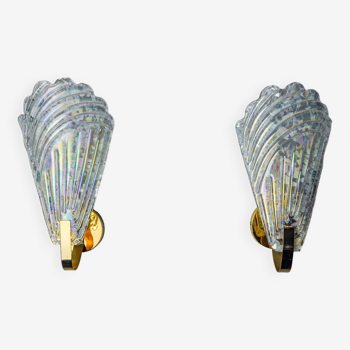 Pair of frosted leaf wall lights, Murano glass, Italy, 1970