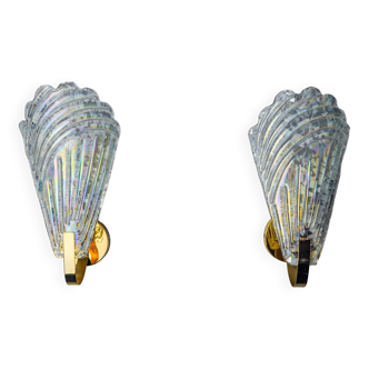 Paire d'appliques feuilles givrées, verre murano, italie, 1970