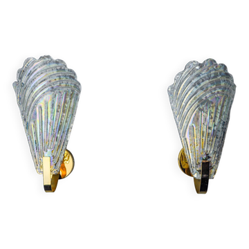 Pair of frosted leaf wall lights, Murano glass, Italy, 1970
