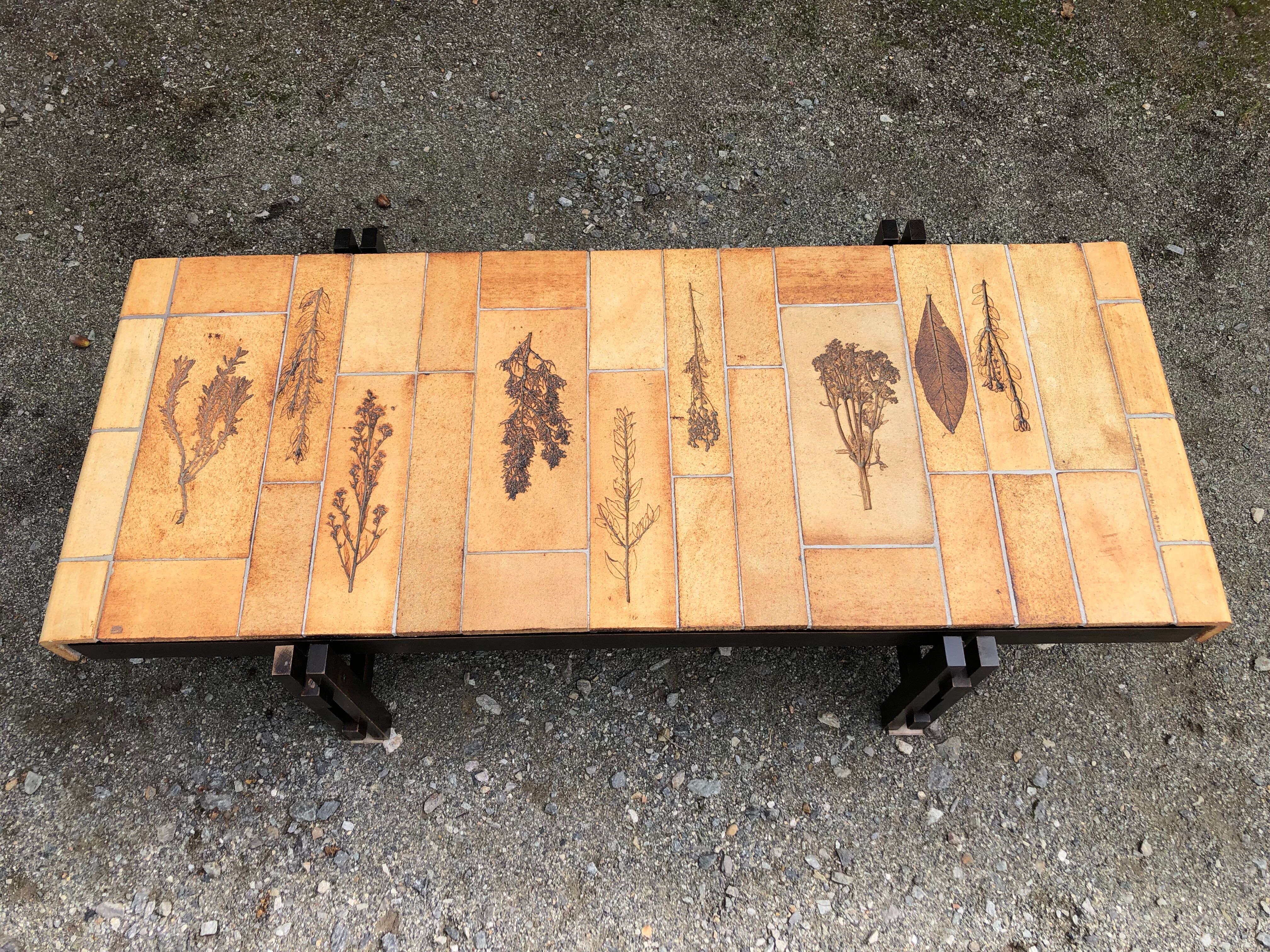 Vintage ceramic coffee table decorated with herbarium decoration Roger Capron