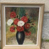 Painting, painting on canvas, still life, the bouquet of flowers painted on vintage canvas