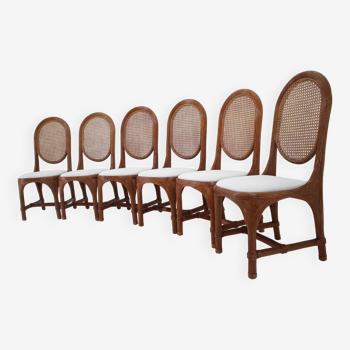 Set of 6 Antique Rattan Dining Chairs with Cane Backrest