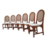 Set of 6 Antique Rattan Dining Chairs with Cane Backrest