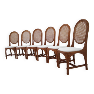 Set of 6 Antique Rattan Dining Chairs with Cane Backrest