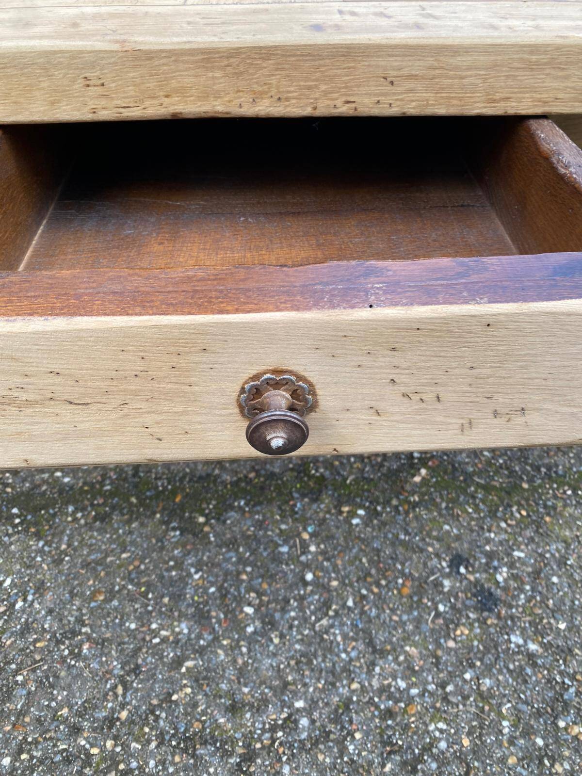 Renovated 19th-century solid oak farmhouse coffee table.