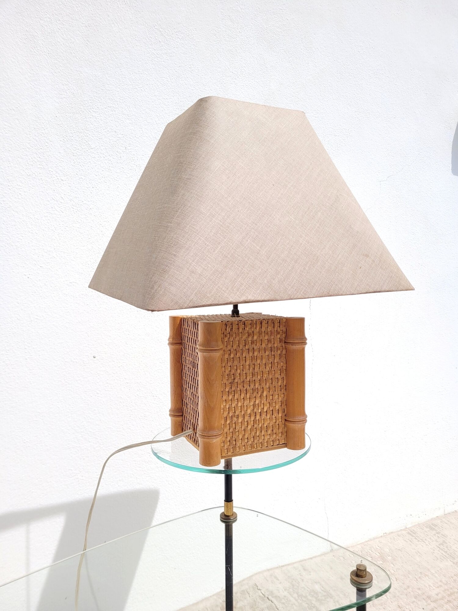 Vintage lamp 1980 bamboo foot and woven lampshade