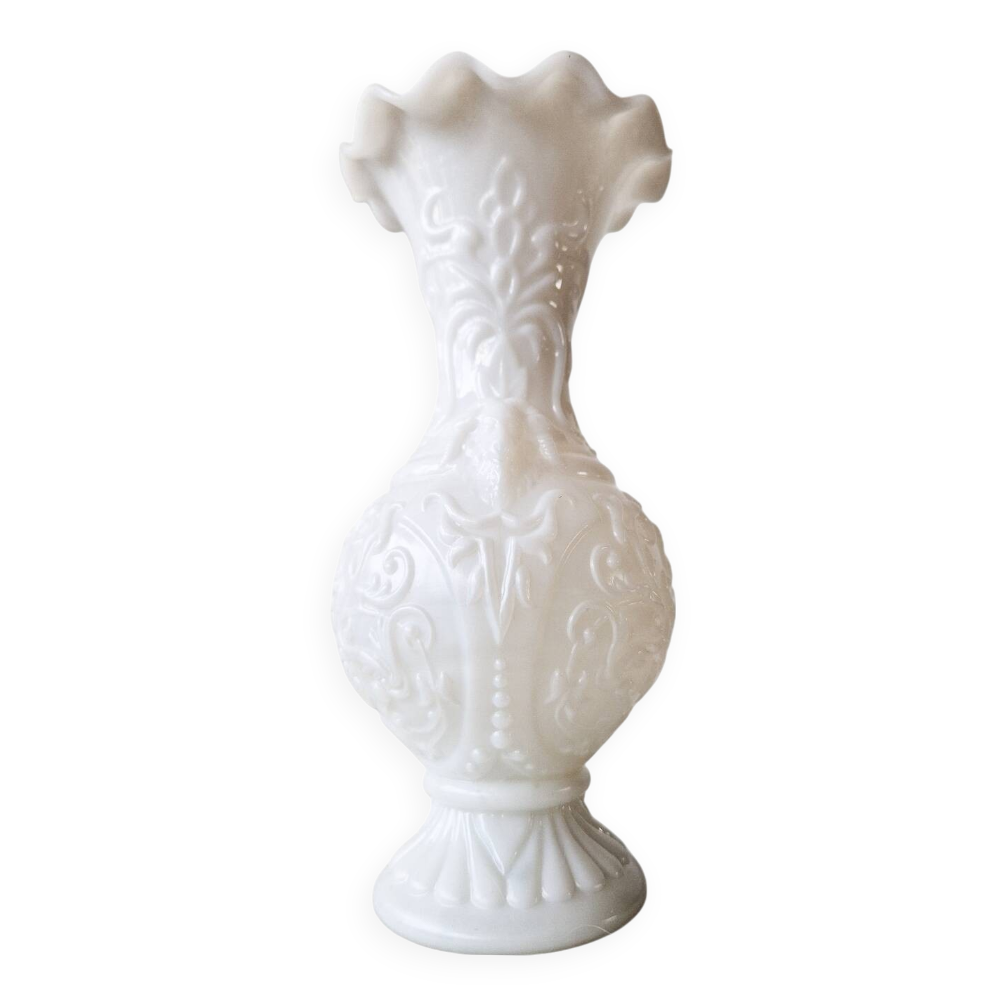 White opaline vase decorated with arabesques and ram's heads