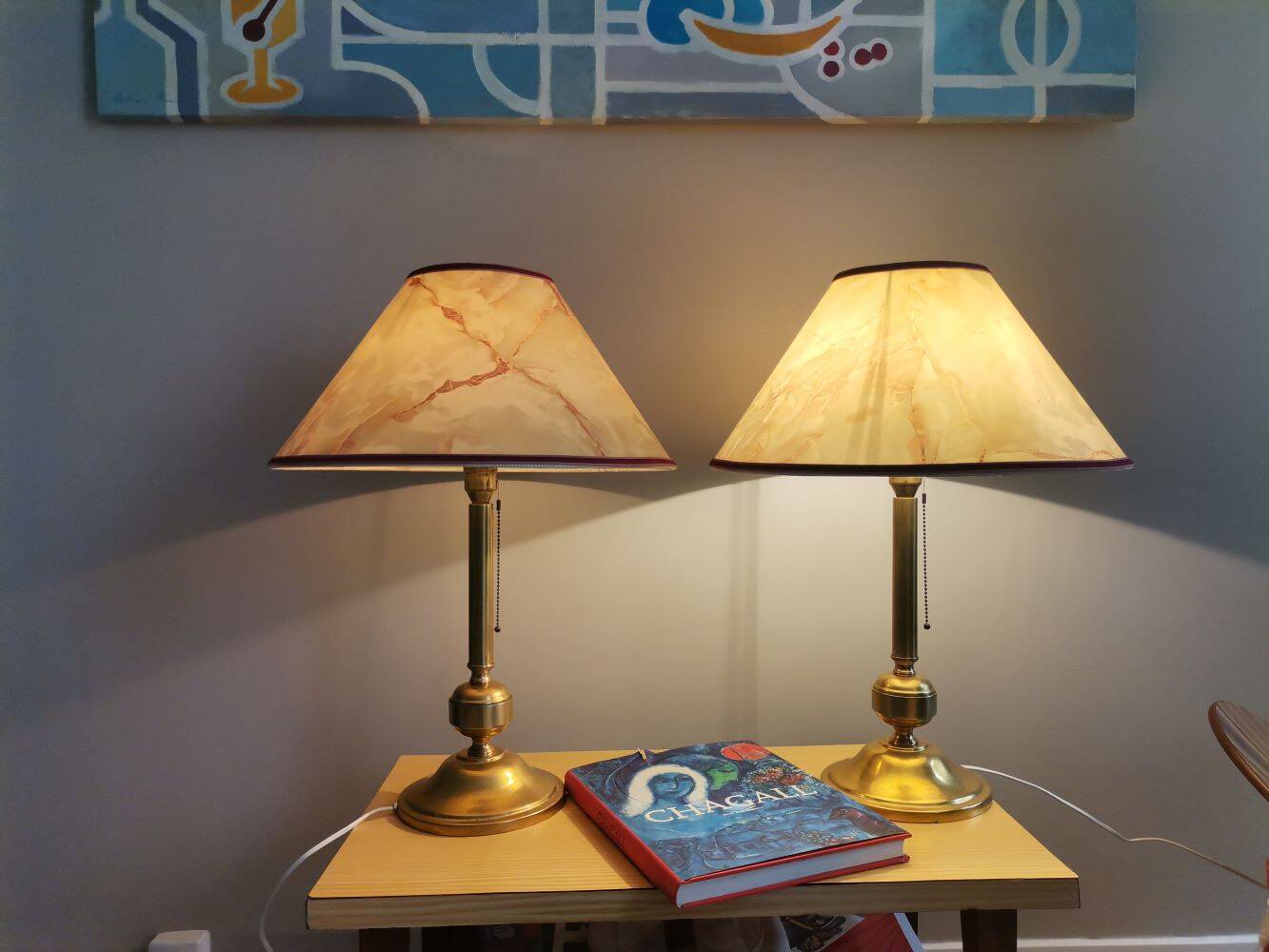 Pair Portuguese  farmhouse brass tall buffet table lamps