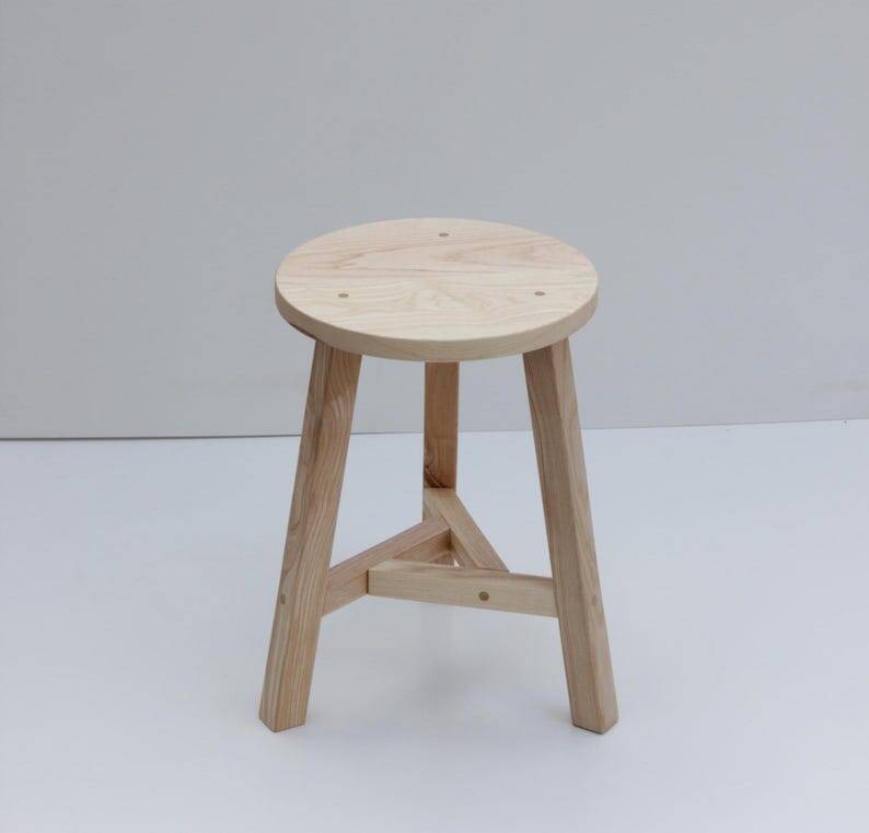 Oak stool with round seat and three legs, minimalist stool with tr