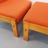 Set of 2 vintage Baumann armchairs in orange fabric and wood from the 80s