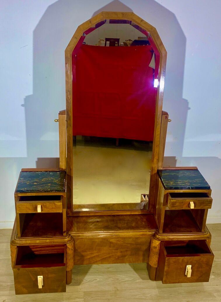 Dressing table art deco 1920 walnut magnifying glass portor marble
