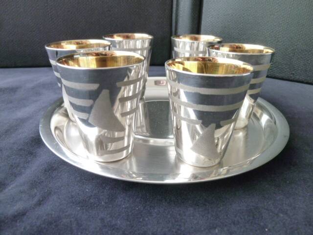Liqueur service, silver-plated metal shot.