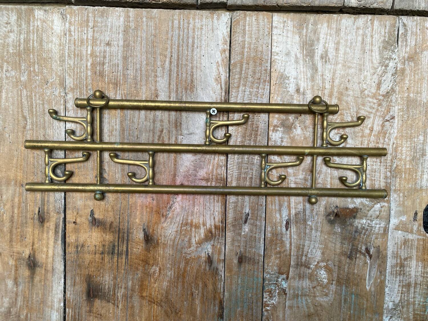 Vintage Wall Coat Rack Brass 7 Foldable Hooks #D748