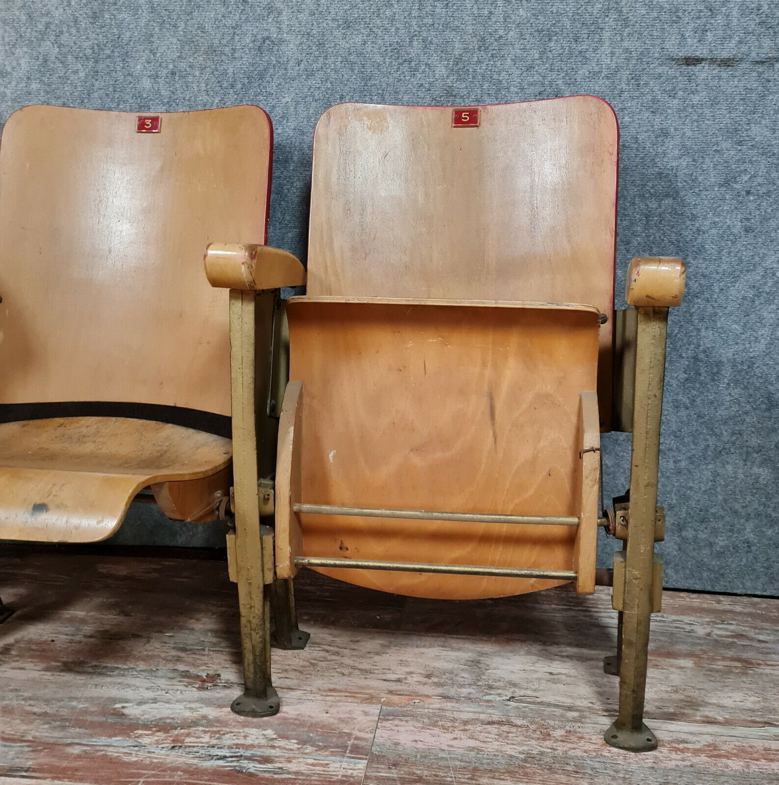 Triple cinema bench in wood and steel, Twentieth century design