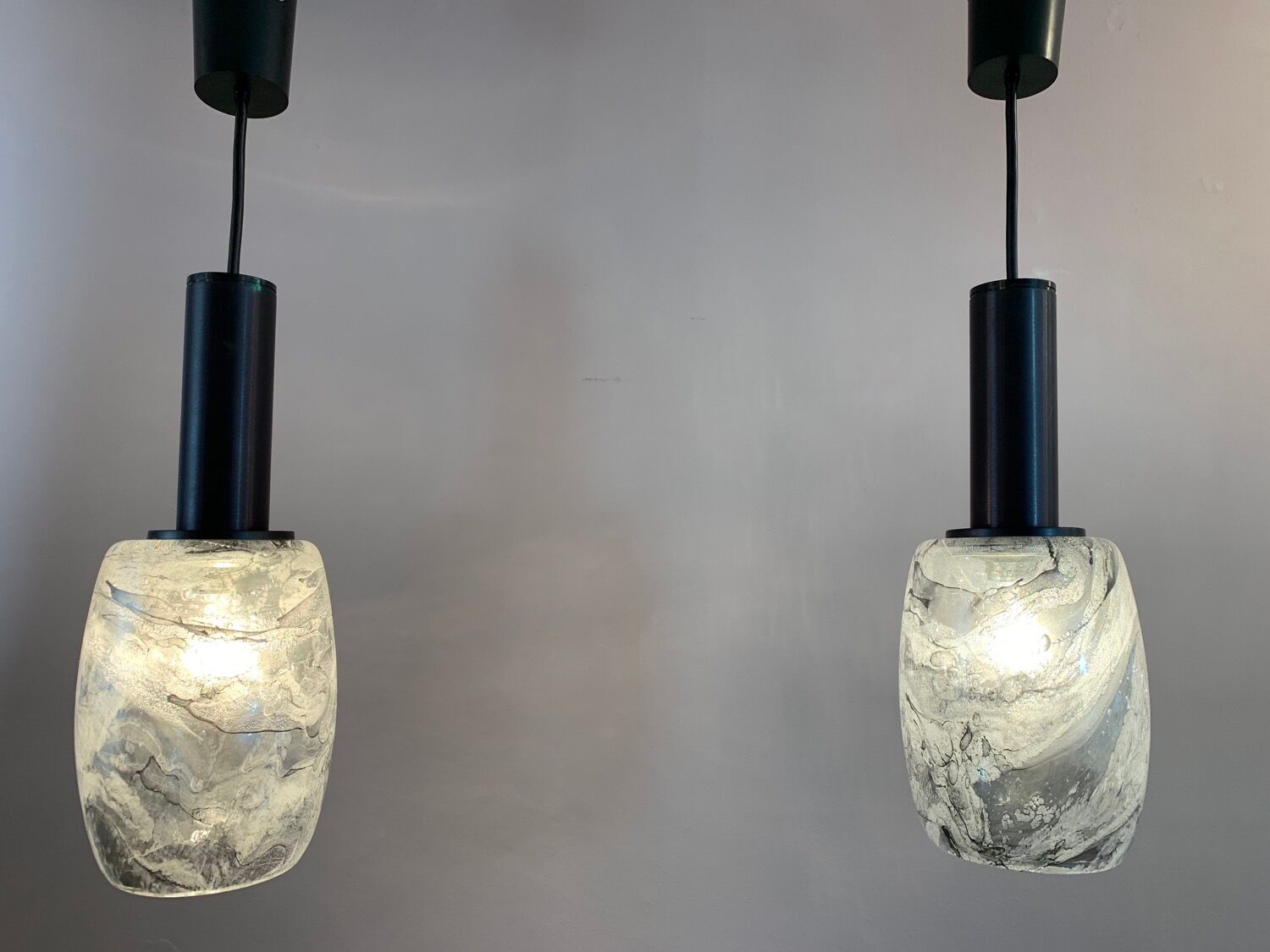 Pair of 1970s Putzler grey marbled pendant lights