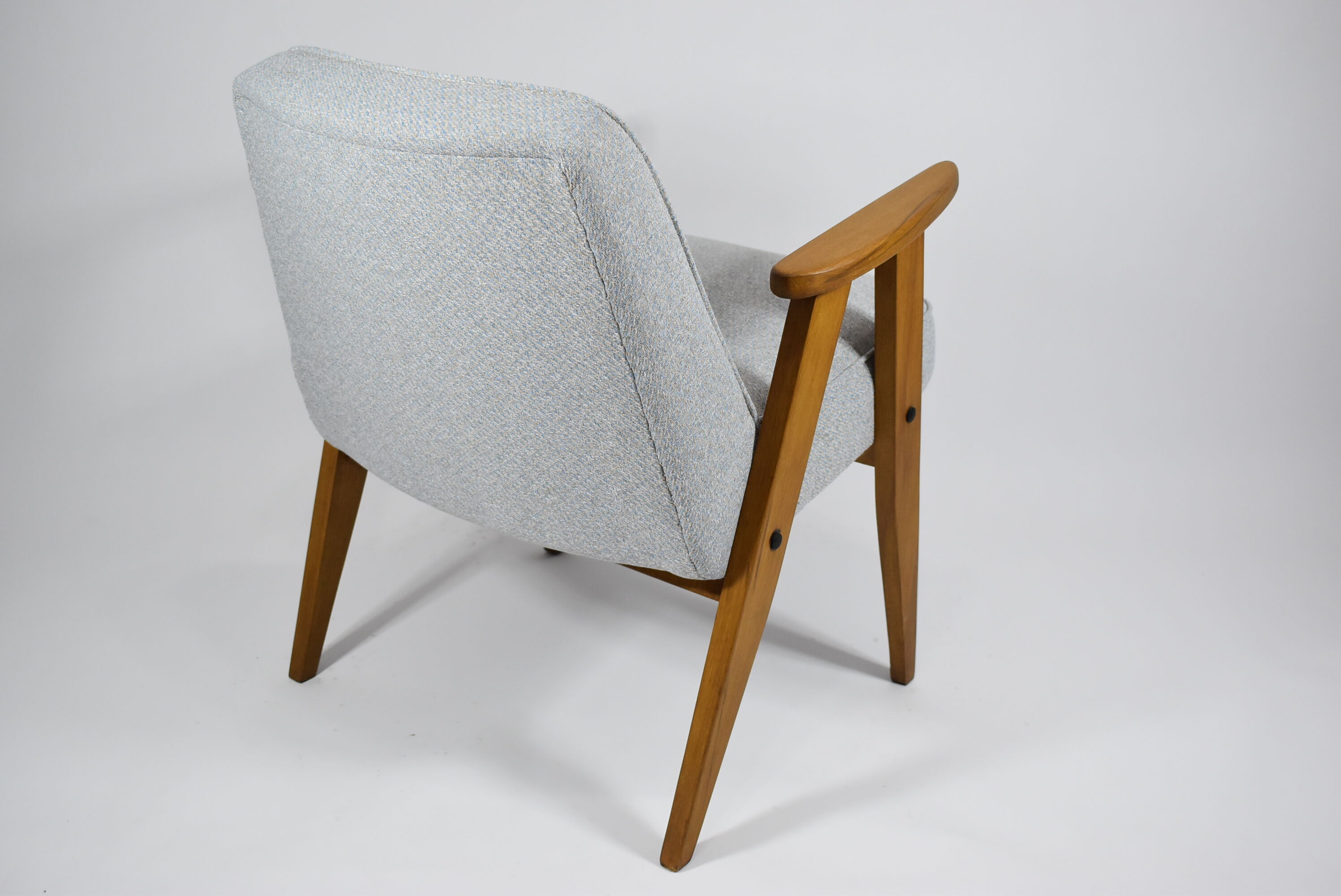Vintage armchair model 366, 60s, blue fabric, teak wood