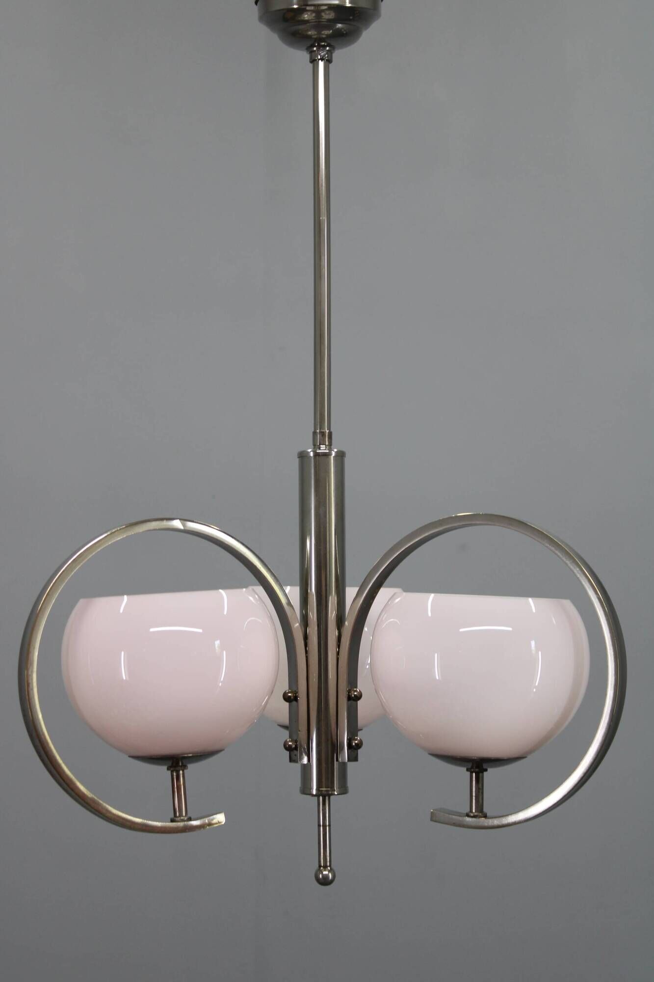 Art Deco nickel chandelier with light-pink opaline shades, Czechoslovakia, 1930s