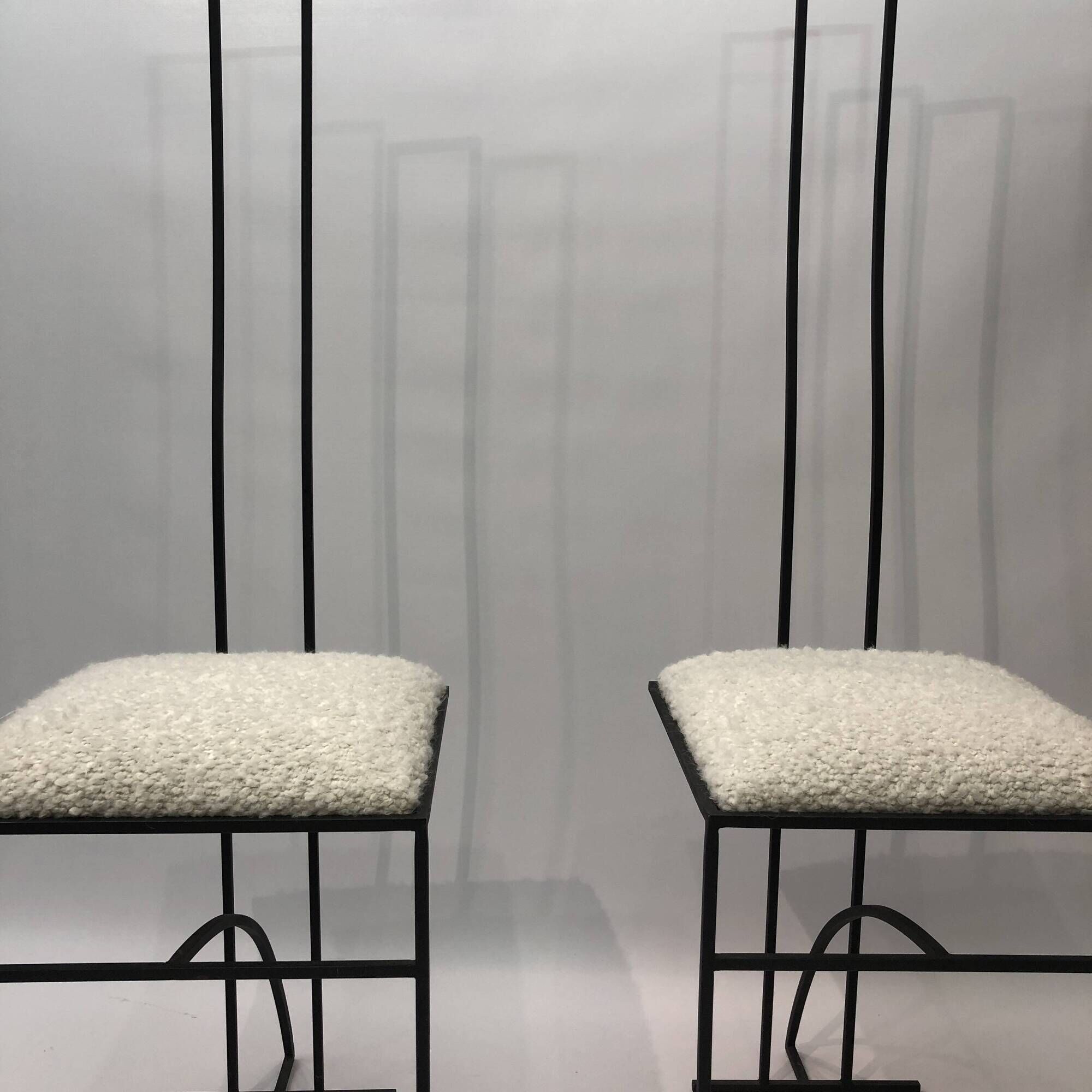 Pair of Postmodern High Back Black Metal Side Chairs in Boucle 1980s Vintage 70s