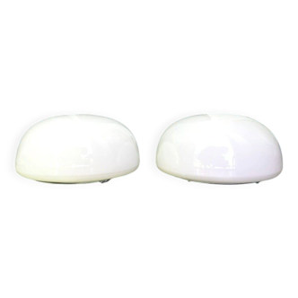 Pair white opaline glass flush mount ceiling or wall lamps