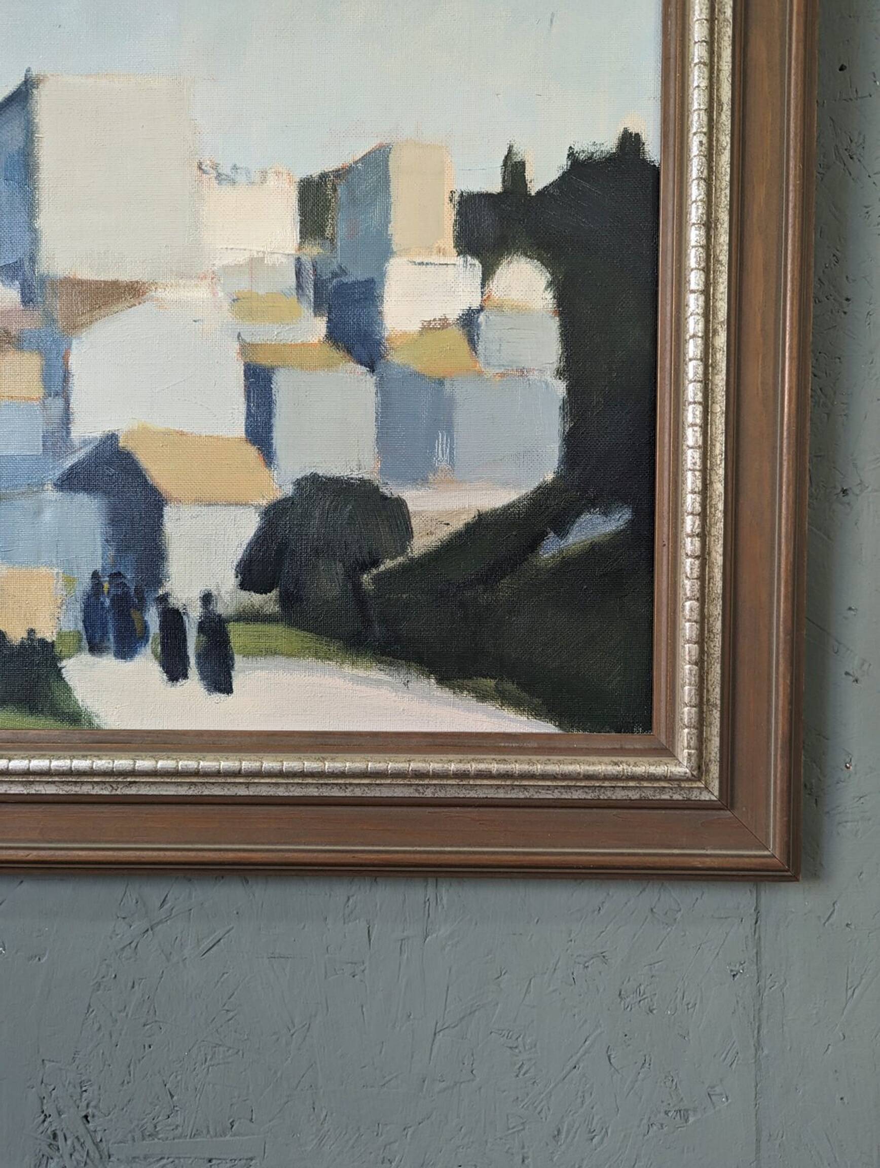 Mid-Century Modern "City Stroll" Vintage Swedish Cityscape Street Scene Oil Painting, Framed