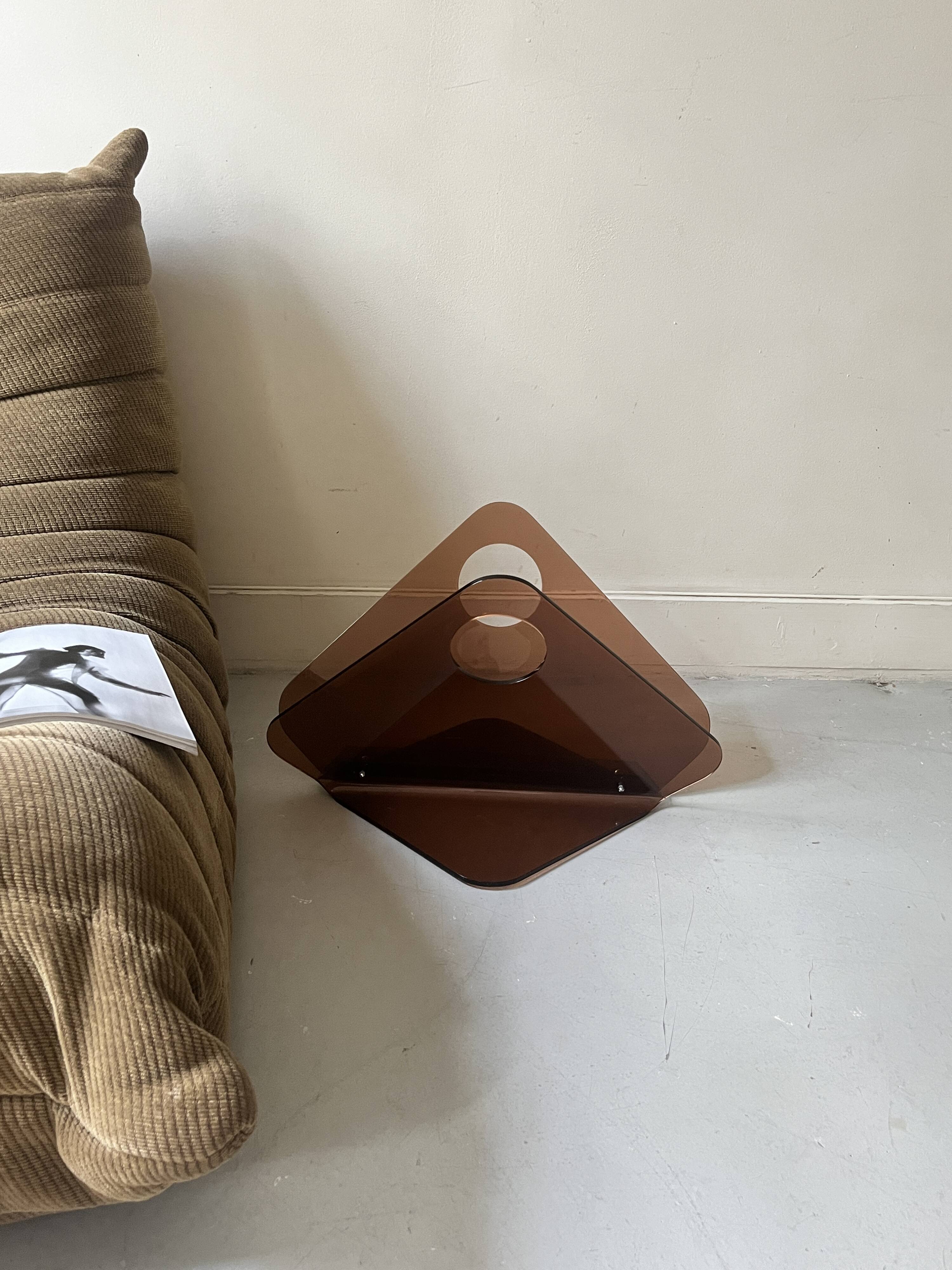 magazine holder in smoked plexiglass, design 1970
