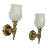 Pair of vintage wall lights, Maison Jansen, brass and opaline, France, 1960.