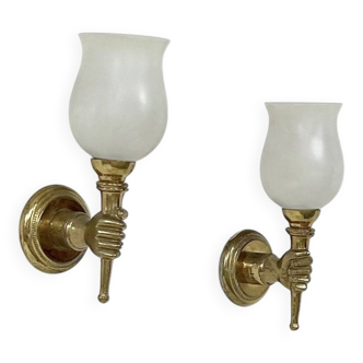 Pair of vintage wall lights, Maison Jansen, brass and opaline, France, 1960.
