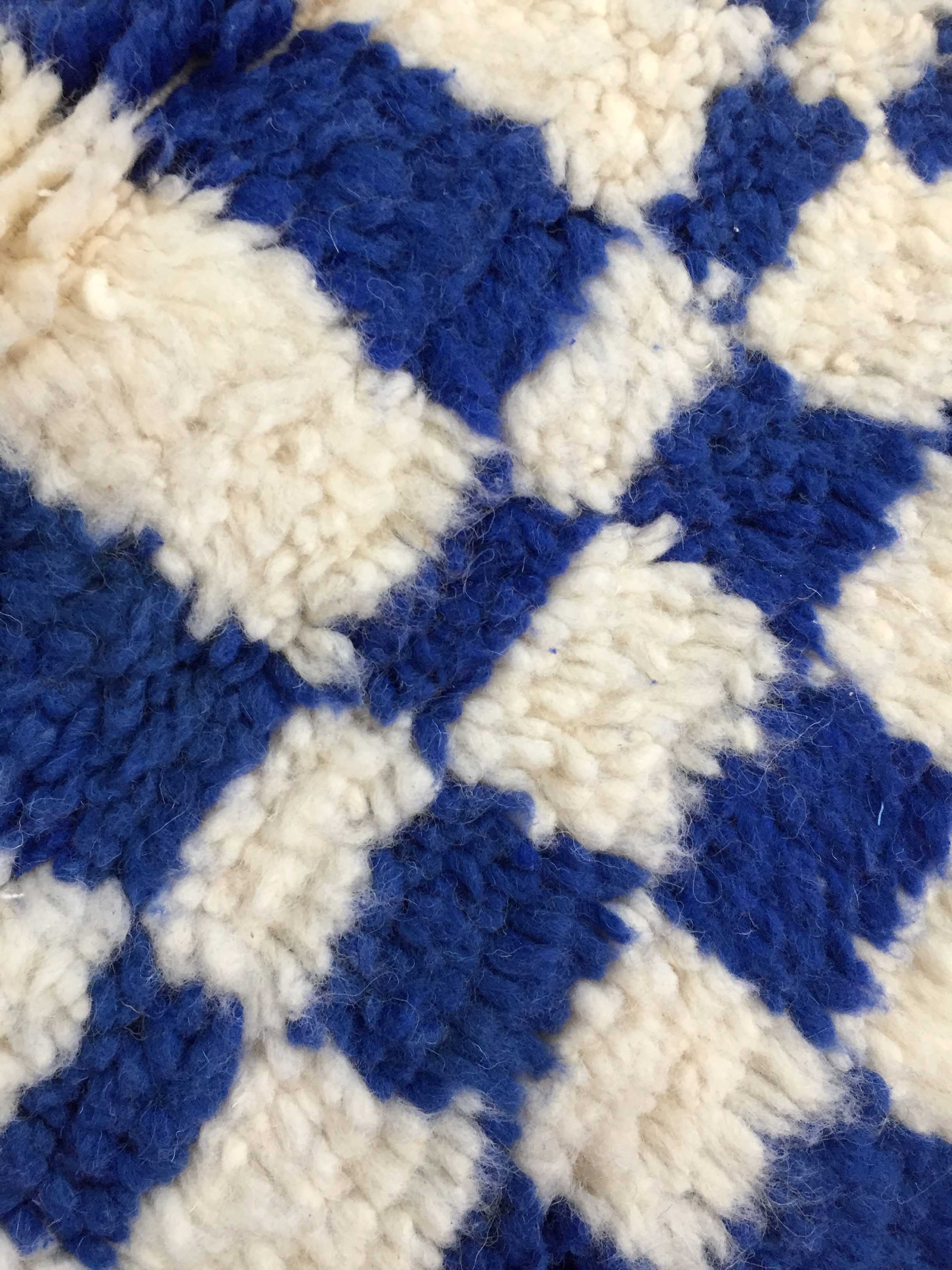 Moroccan Berber carpet blessed ouarain ecru with blue geometric patterns 216x130cm