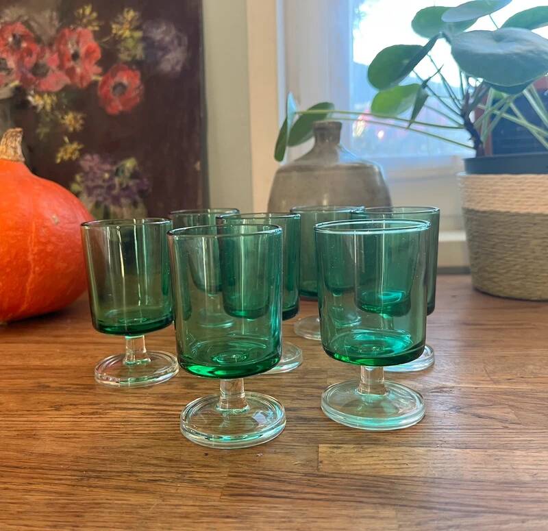 Green glass digestif glasses