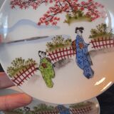 7 sub-cups / small plates porcelain extrafine geisha décor and Japanese landscape, early twentieth century