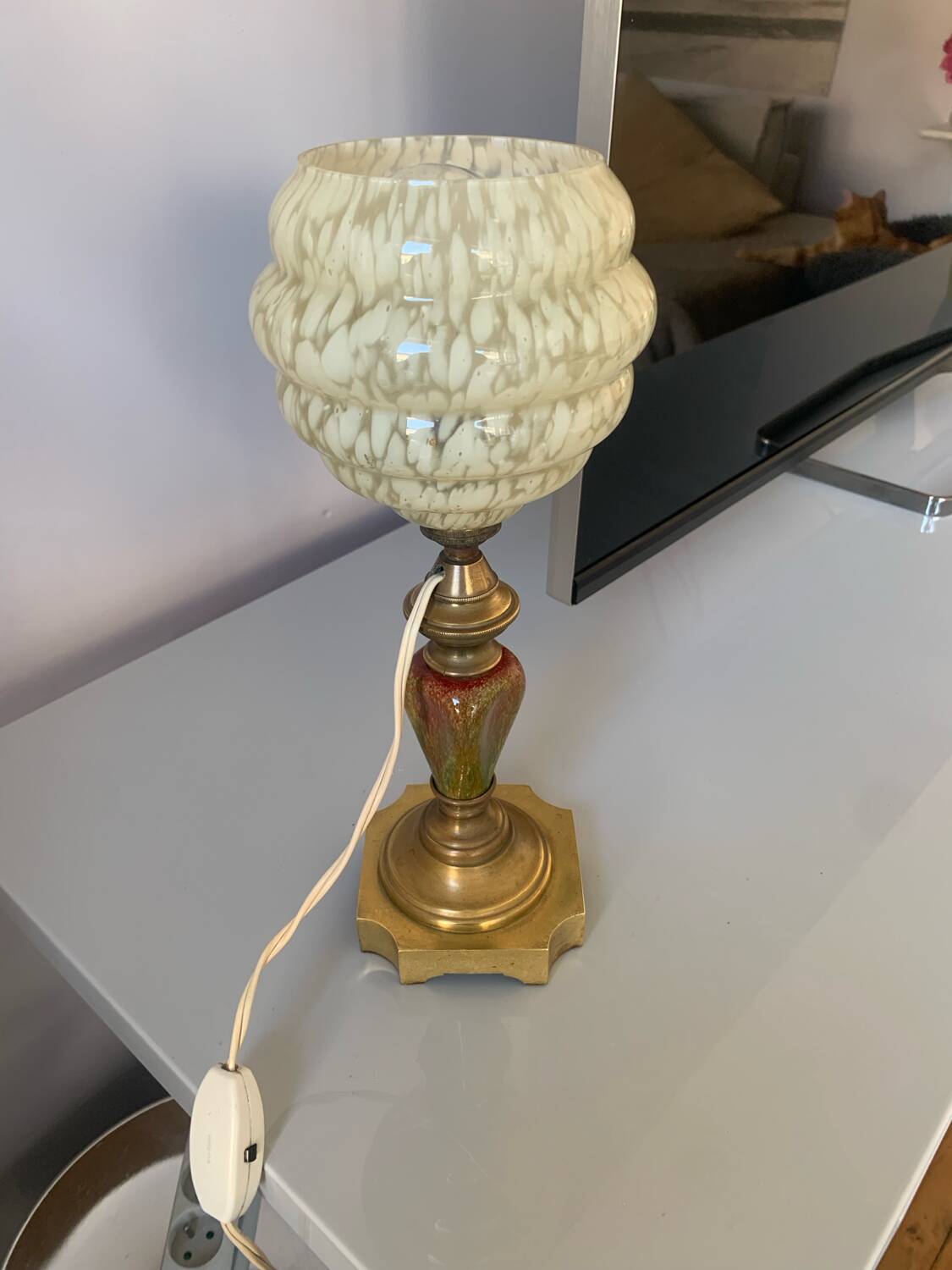 Old ceramic and brass lamp, Clichy glass globe