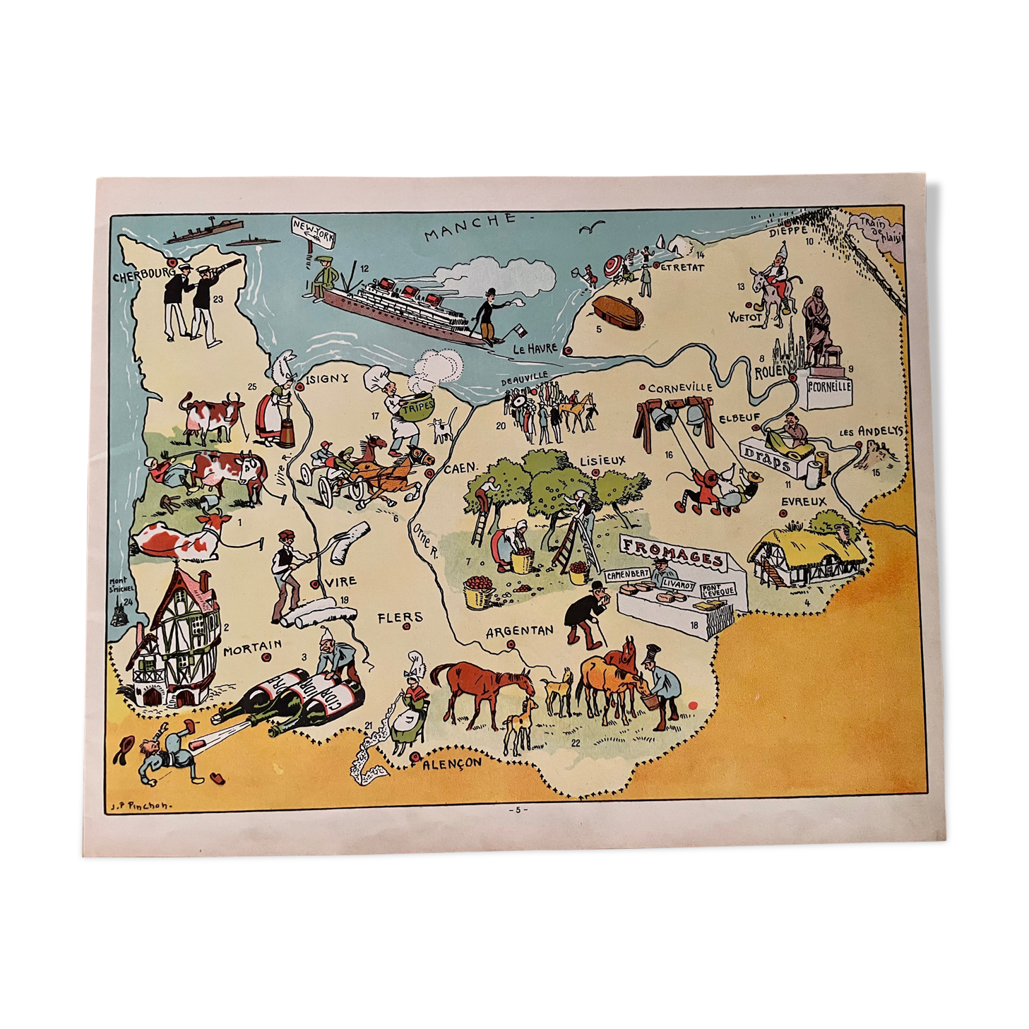 Old illustrated map of Normandy 1929 - JP Pinchon